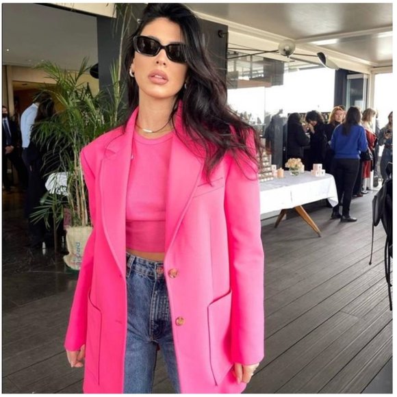 ZARA WOMAN  MENSWEAR MASCULINE NEON PINK BLAZER - Picture 1 of 15